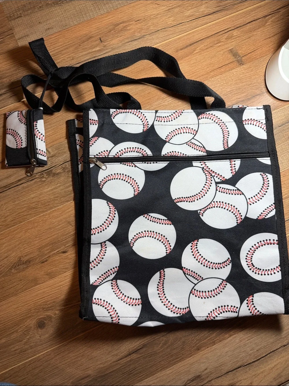 Baseball Print C Tote - Black & White with Red Stitching